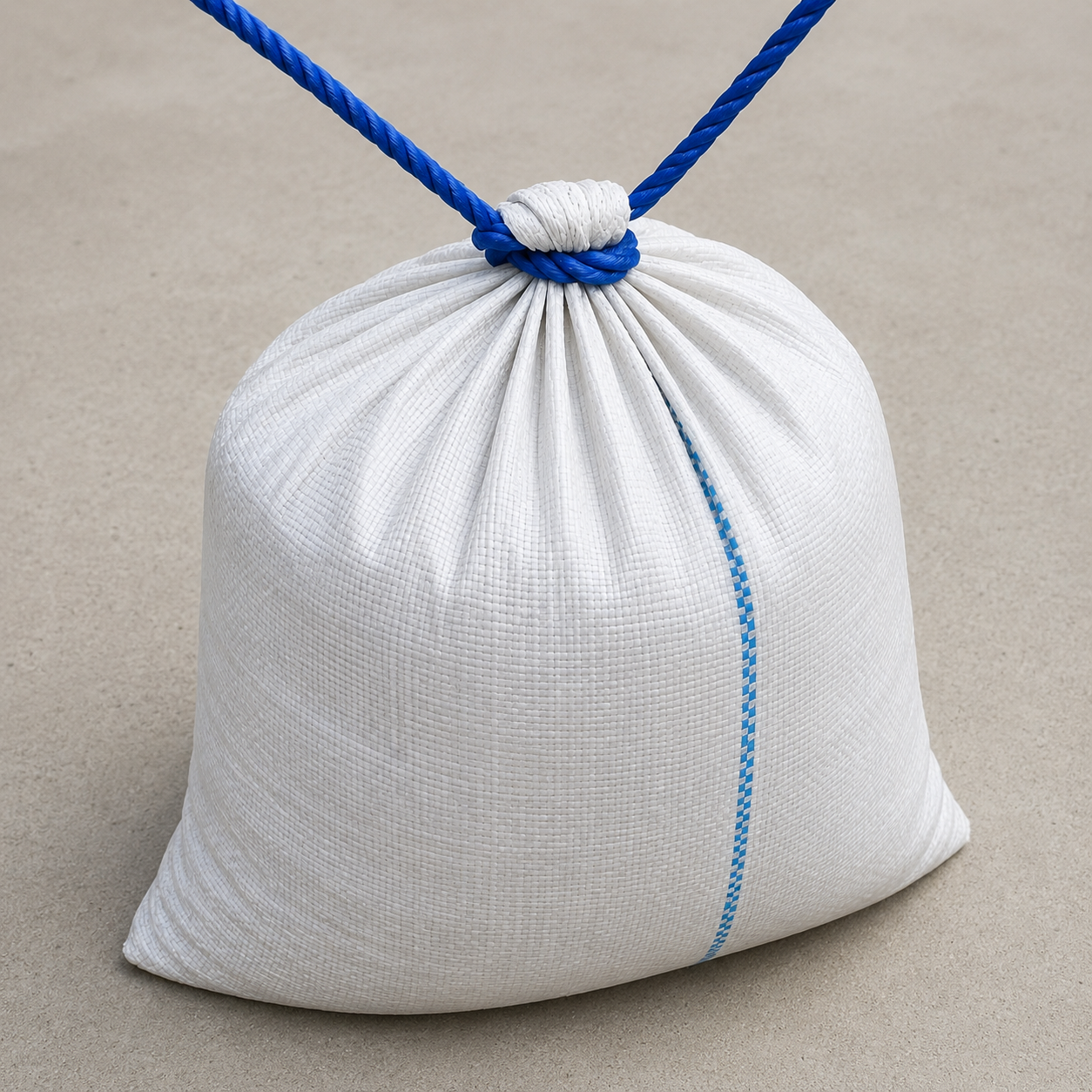 White bag closed and tied with blue rope