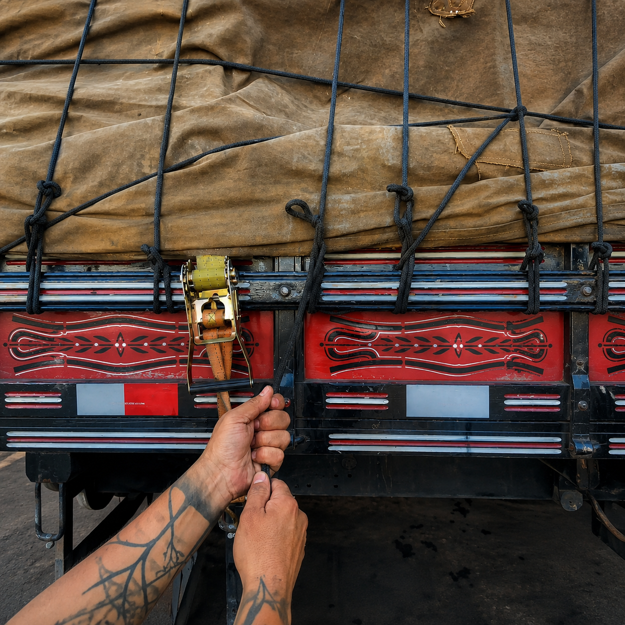 Tarp-covered load secured with ropes on the back of a truck